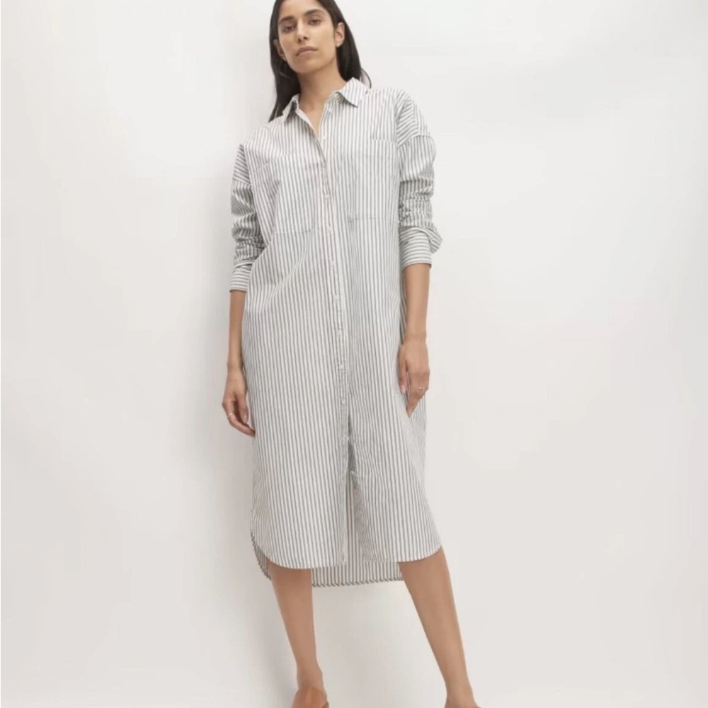 Everlane The Midi Cotton Shirt Dress Navy Strips -XS